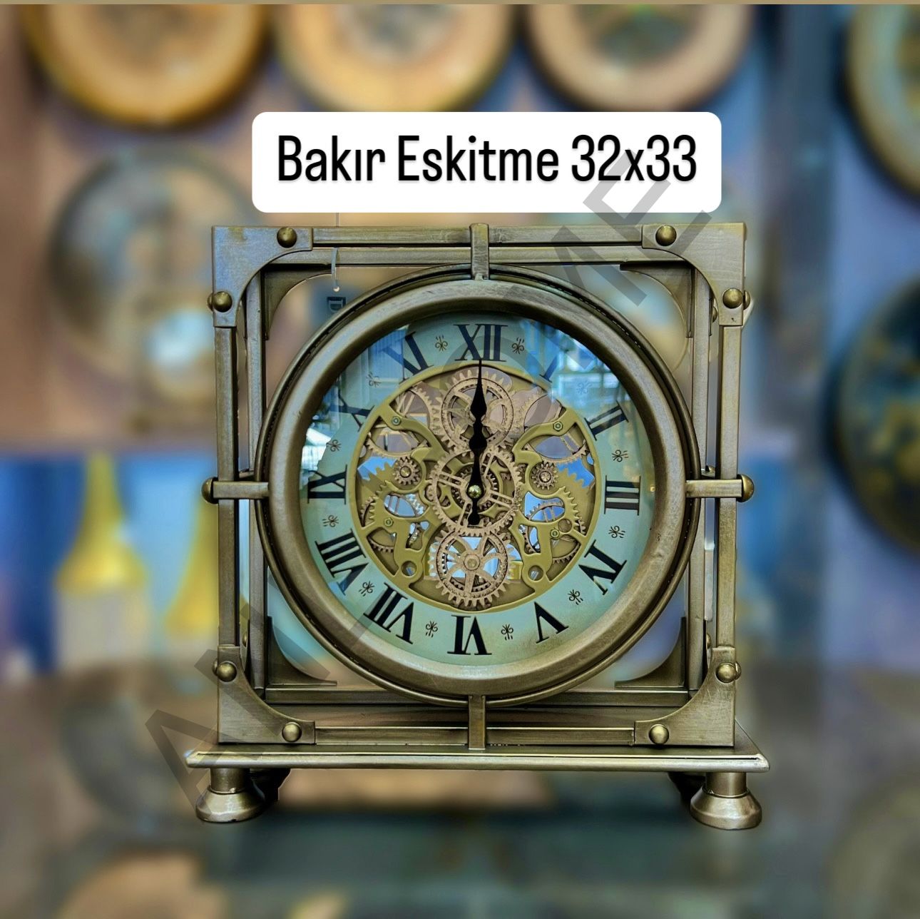 Çarklı Masa Saati Kare Bakır Eskitme