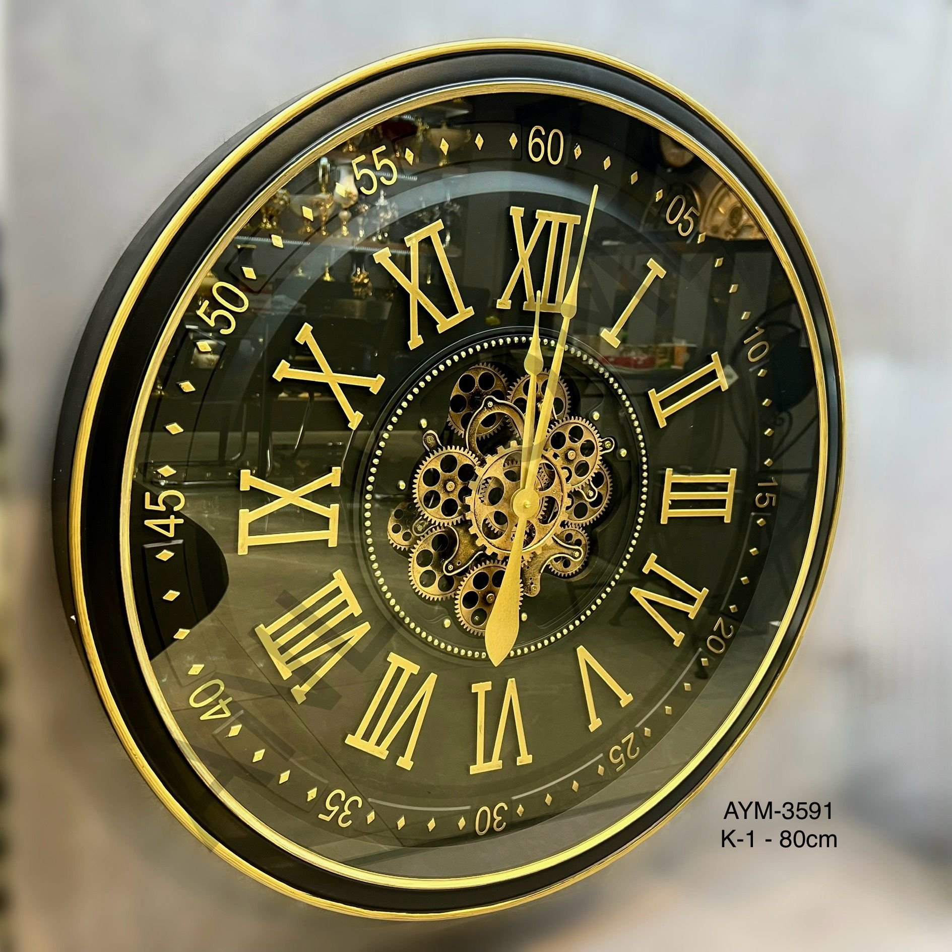Siyah Gold Metal Çarklı Duvar Saati 80cm