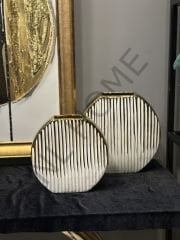 2li Beyaz Gold Seramik Vazo çizgili