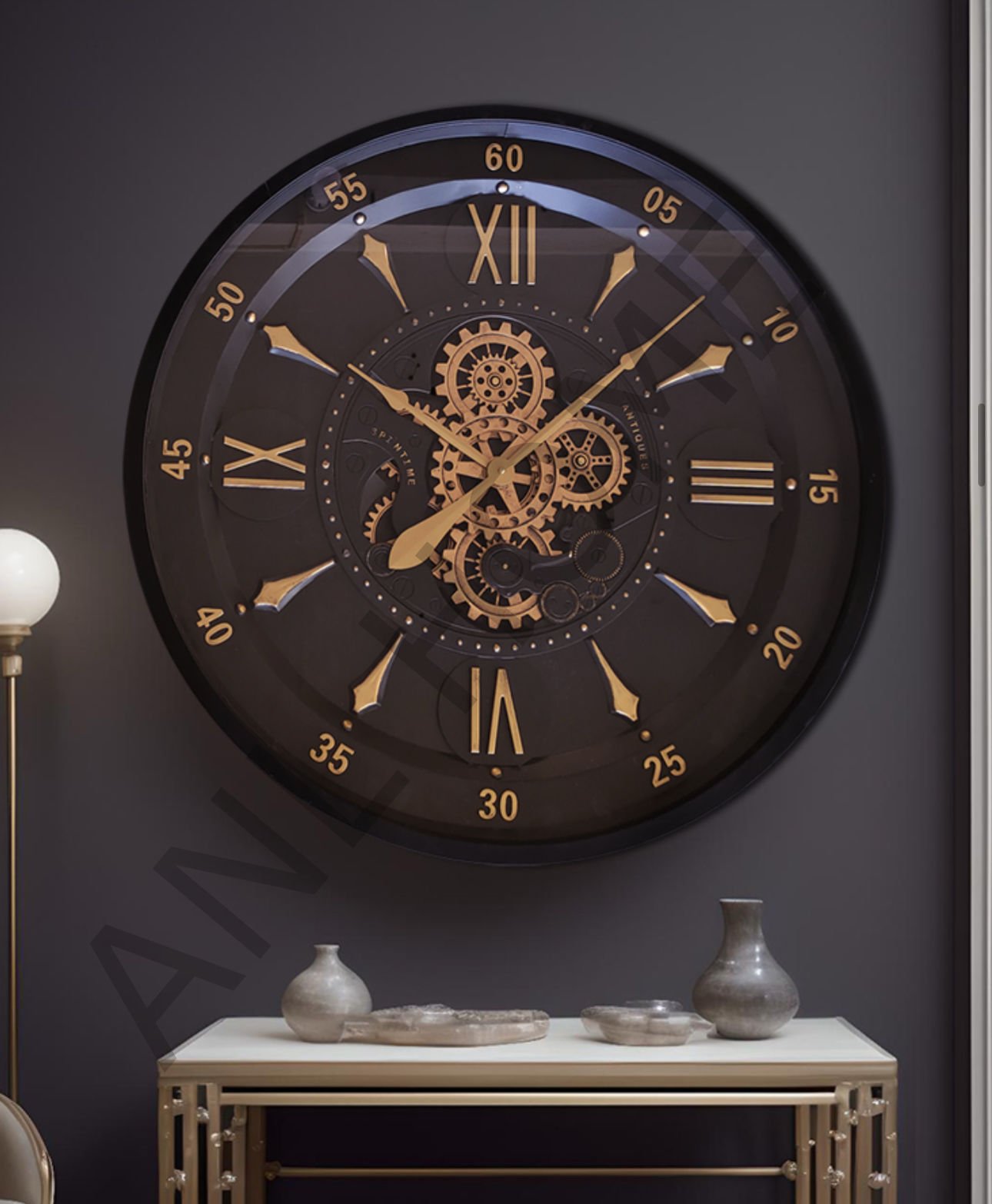 80 cm siyah gold metal çarklı duvar saati