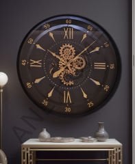 80 cm siyah gold metal çarklı duvar saati