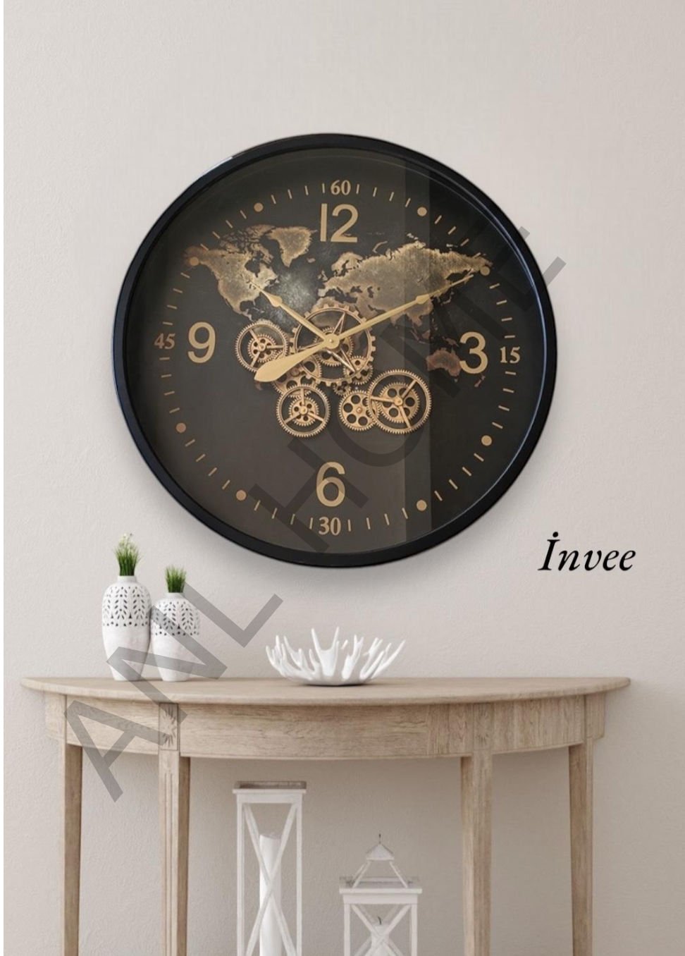 80 cm siyah haritalı metal çarklı duvar saati