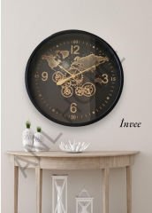 80 cm siyah haritalı metal çarklı duvar saati