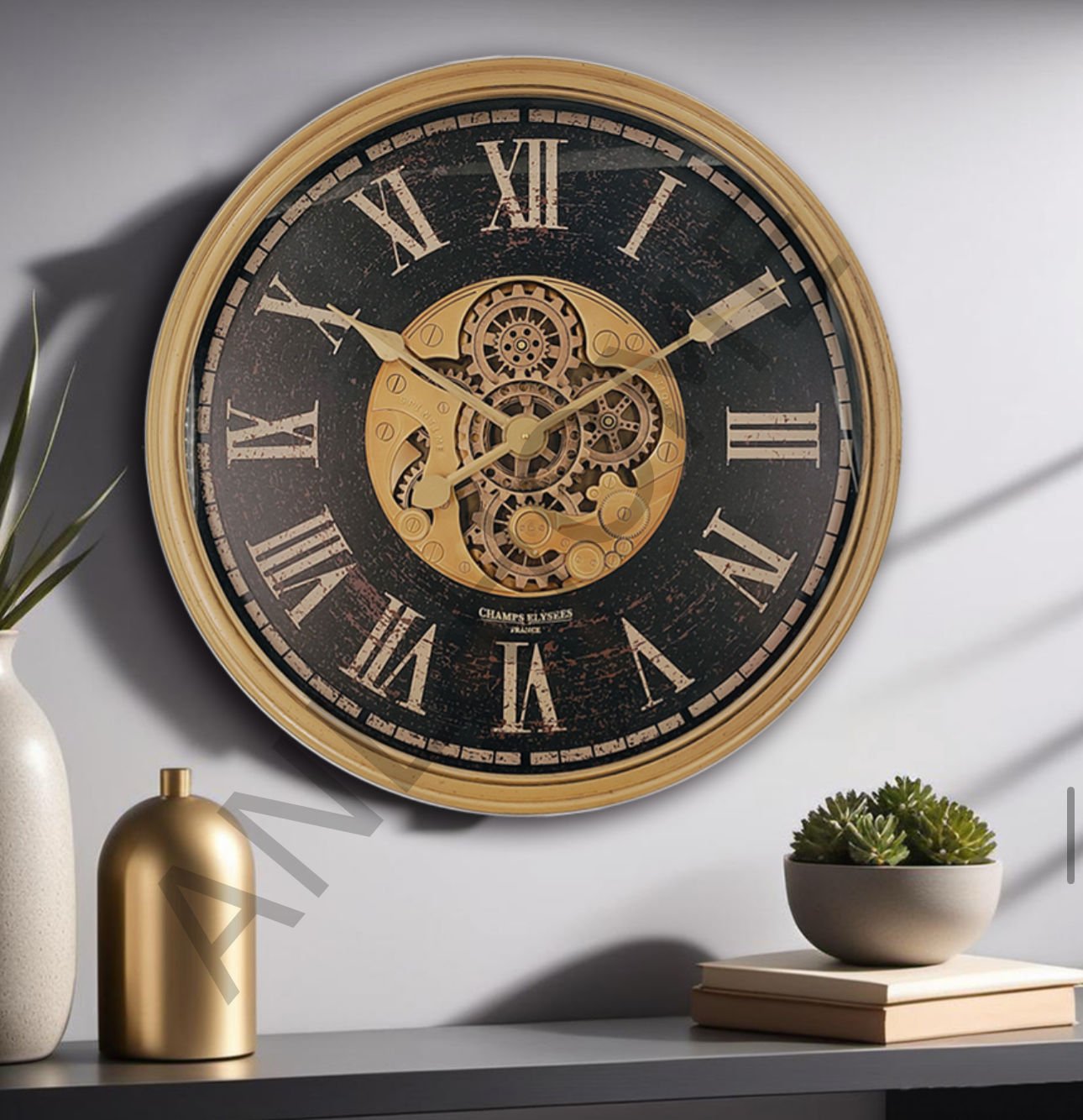 80 cm gold siyah eskitme metal çarklı duvar saati